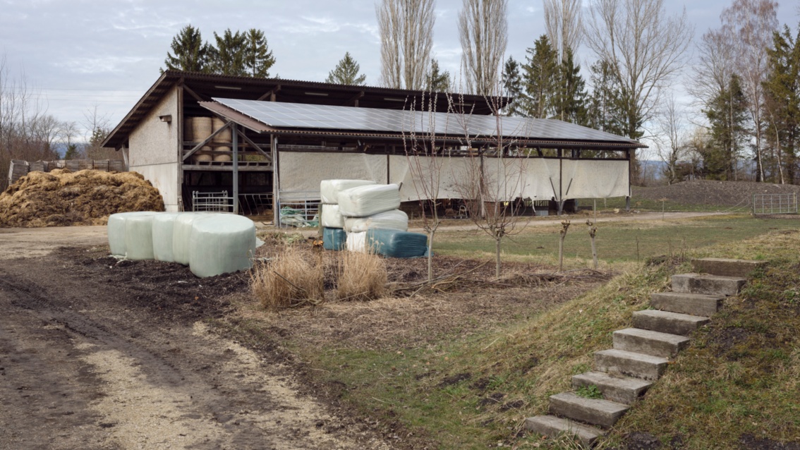 Eine landwirtschaftliche Anlage, im Hintergrund eine Scheune mit einer Solaranlage auf dem Dach.