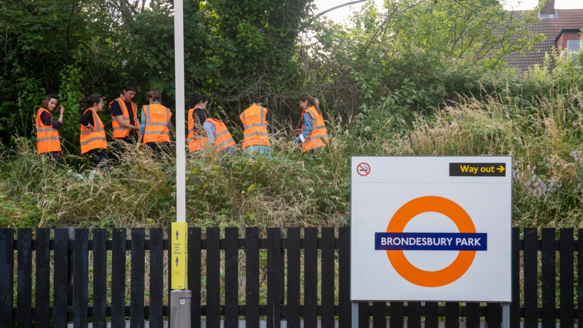 Eine Gruppe von Leuten, alle in orangefarbenen Warnwesten gekleidet, steht in einem verwilderten Gelände hinter einem Zaun. Im Vordergrund ein Londoner U-Bahn-Schild.
