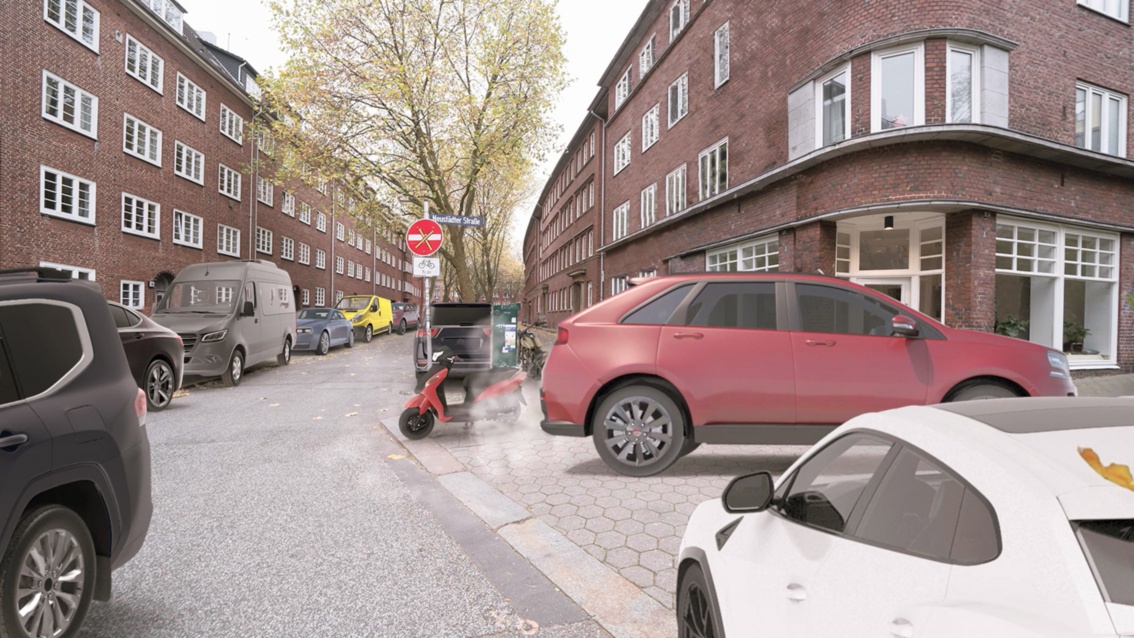 Fotocollage einer Hamburger Straßenkreuzung: überdimensionierte und qualmende Pkw nehmen fast den kompletten Raum ein.